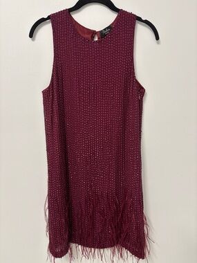 Parker Black Burgundy Beaded Fringe Shift Midi Dress Size 4